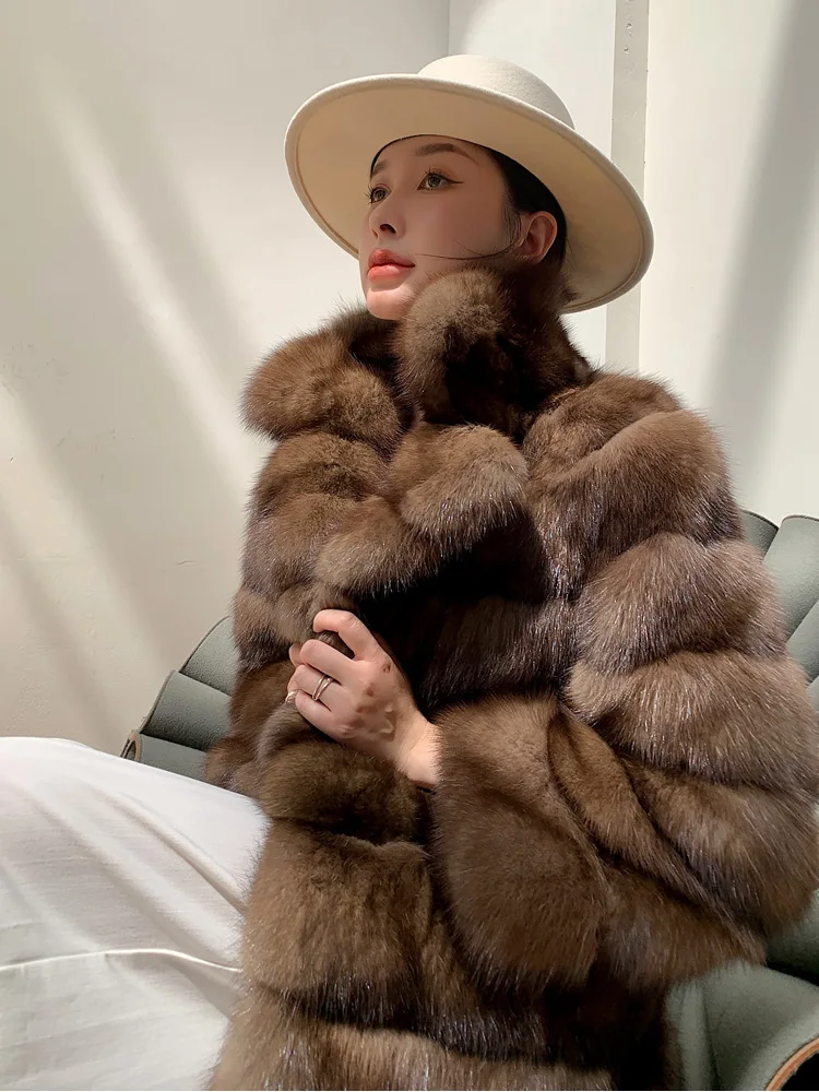 الفاخرة مصمم المنك معطف امرأة الخريف الشتاء التلبيب فروي براون فو الفراء معطف امرأة الملابس شيك أنيقة فو الفراء سترة الإناث