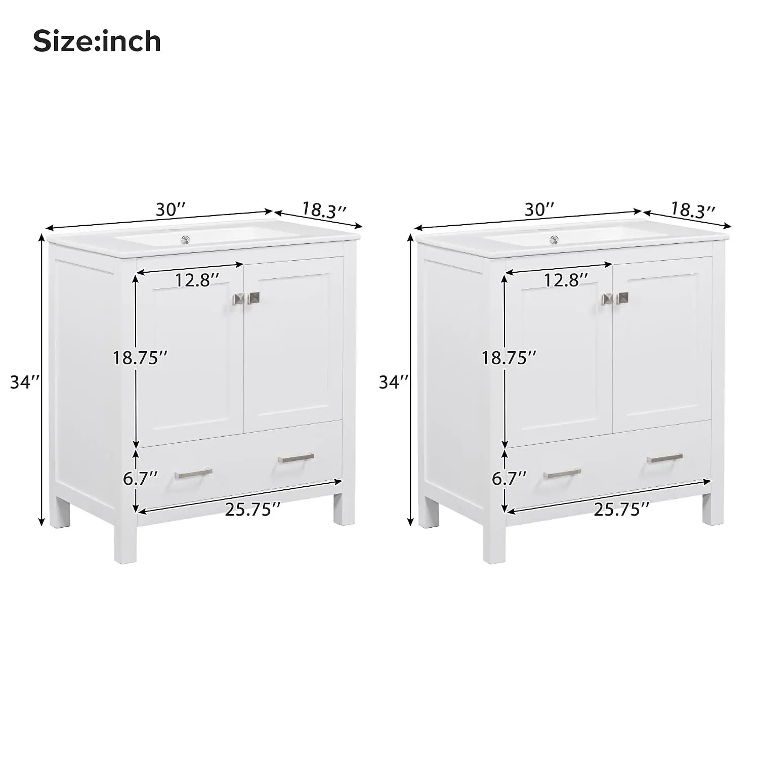 60 Inch White Double Sink Bathroom Vanity with Storage Shelf & Divided Drawers, Separate Vanities, Customized