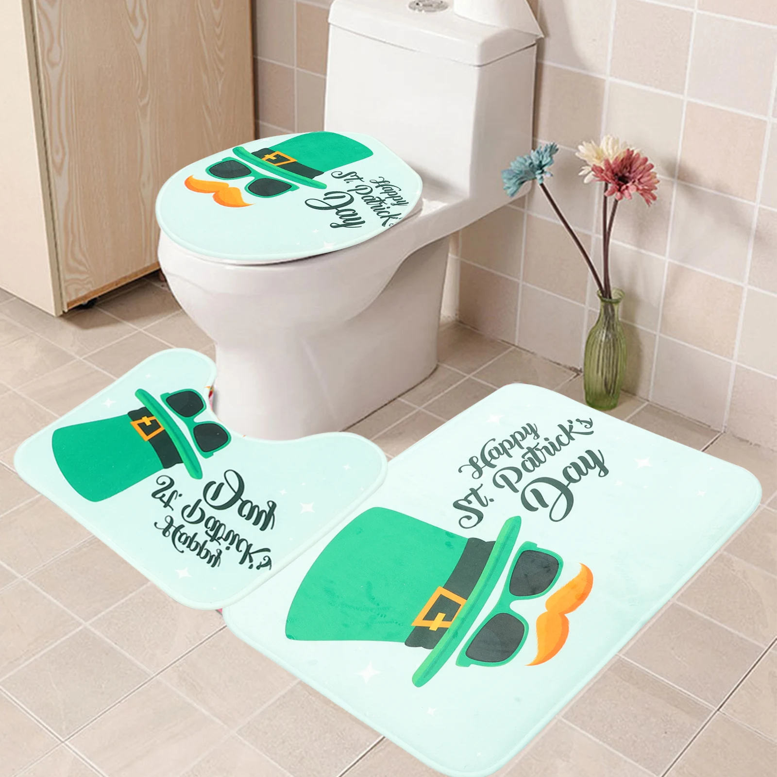 

3Pcs St Patrick's Day Bath Mat Set Non-Slip Toilet Lid Cover Set Bathroom Toilet Seat Cover Home Bathroom Decoration