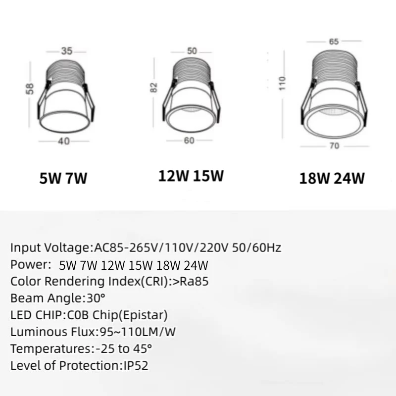Dimmable Recessed Anti Glare COB LED Downlights 5W 7W  12W LED Ceiling Lamps LED Ceiling Spot Lights Indoor Lighting AC85-220V