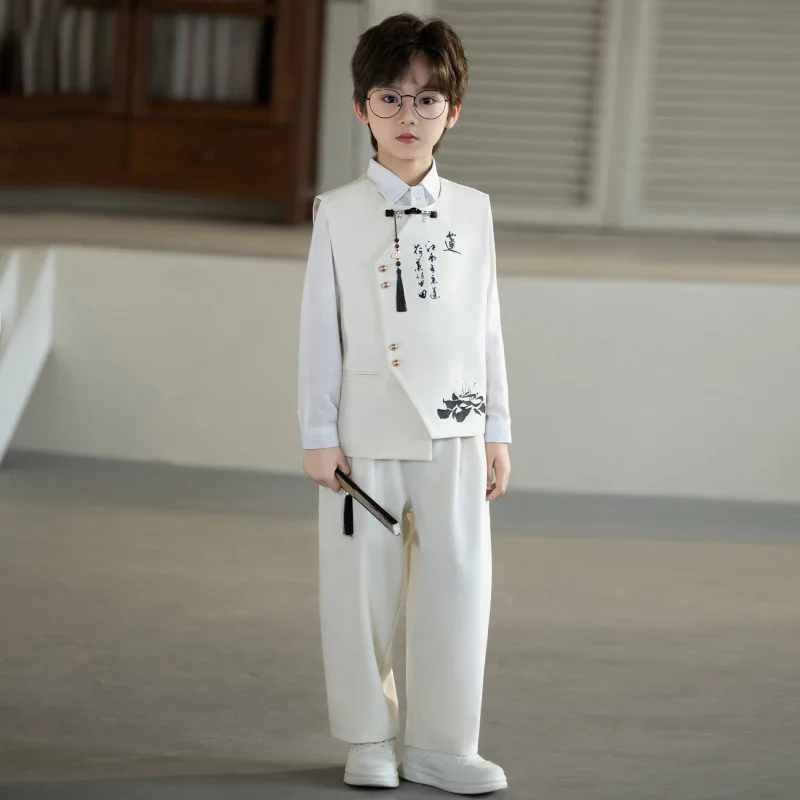 Boys Chinese Style Vest & Pants Set with Calligraphy Print Kids Tang Suit for Spring Festival Birthday Party Performance Costume