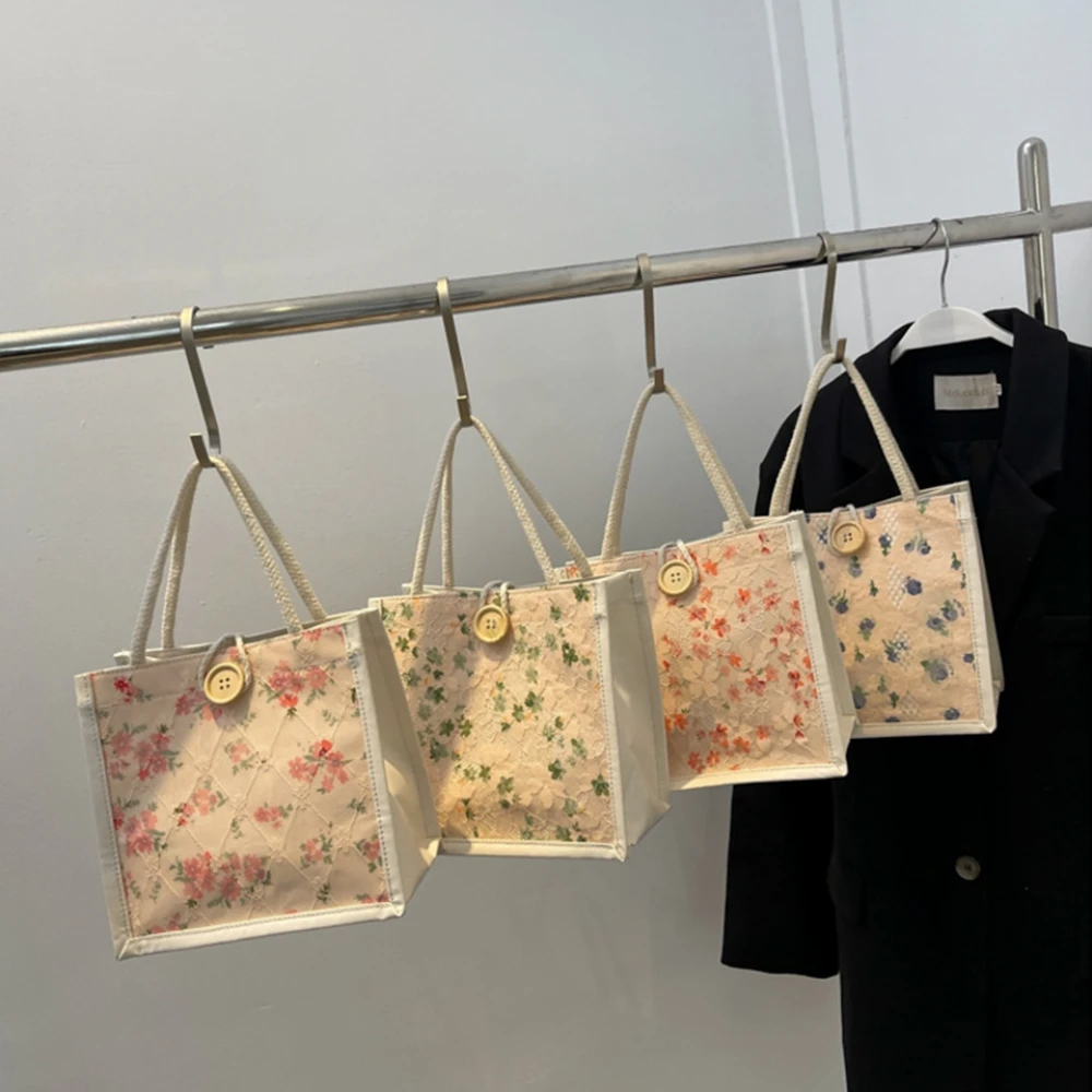 Korean Lace Embroidery Canvas Bag Mini Linen Tote Bag Women Cute Flower Printing Grocery Bag Vintage Button Camping Storage Bag