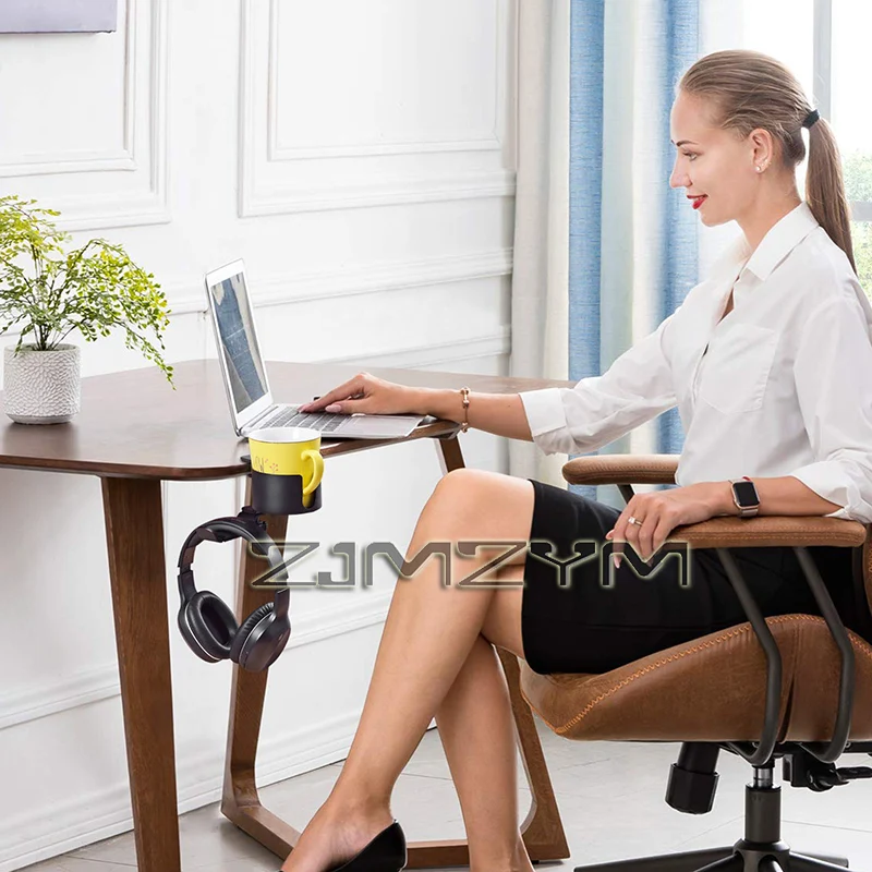 2 In1 デスク カップ ホルダー ユニバーサル 調節可能なカップ ホルダー クランプ 360 付き °   回転式ヘッドフォンハンガー、こぼれ防止テーブルカップホルダー