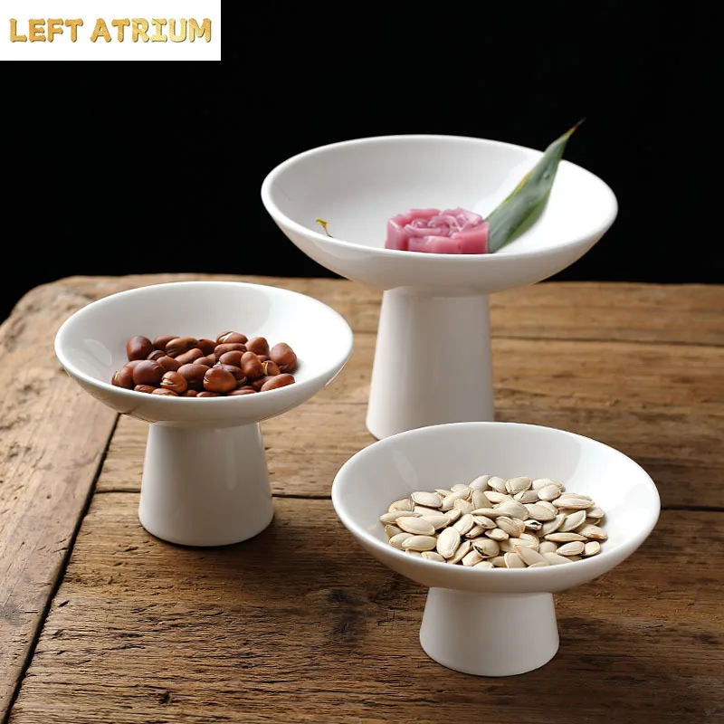 White Ceramic Plate Tall Feet Refreshment Tray Round Dried Fruit Snacks Plate Fruit Tray Tableware Dish Dessert Plates Cake Pan