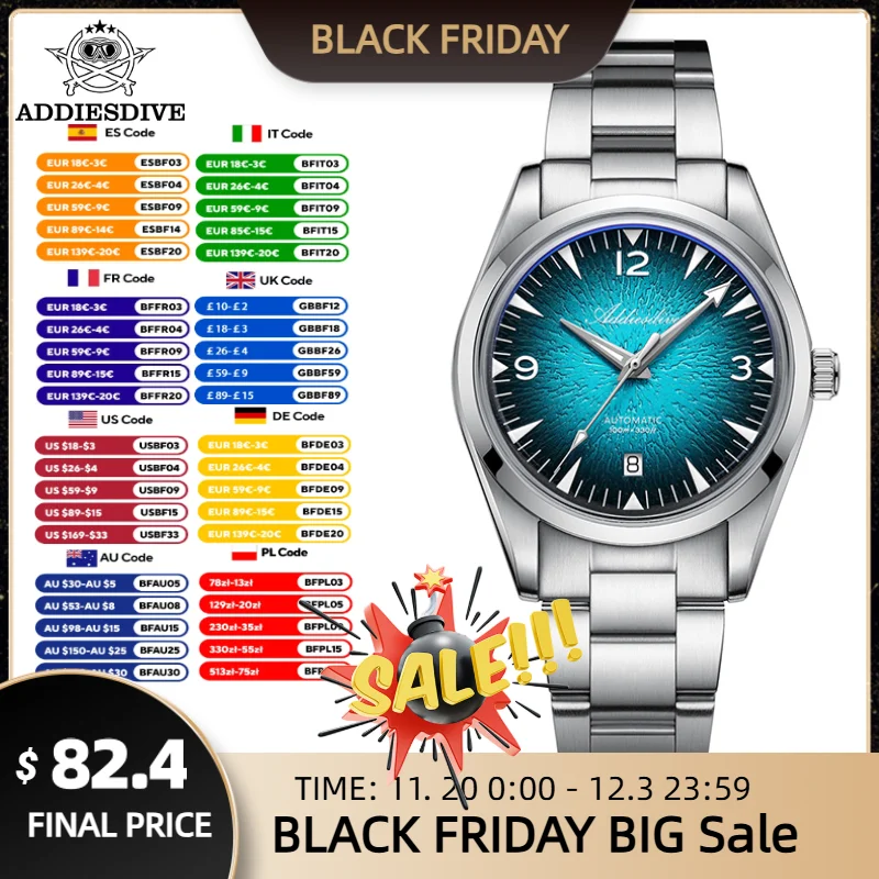 

ADDIESDIVE автоматические часы для мужчин AD2508 Роскошные куполообразные 39 мм BGW9/C3 светящиеся деловые часы с AR-покрытием водонепроницаемые механические часы