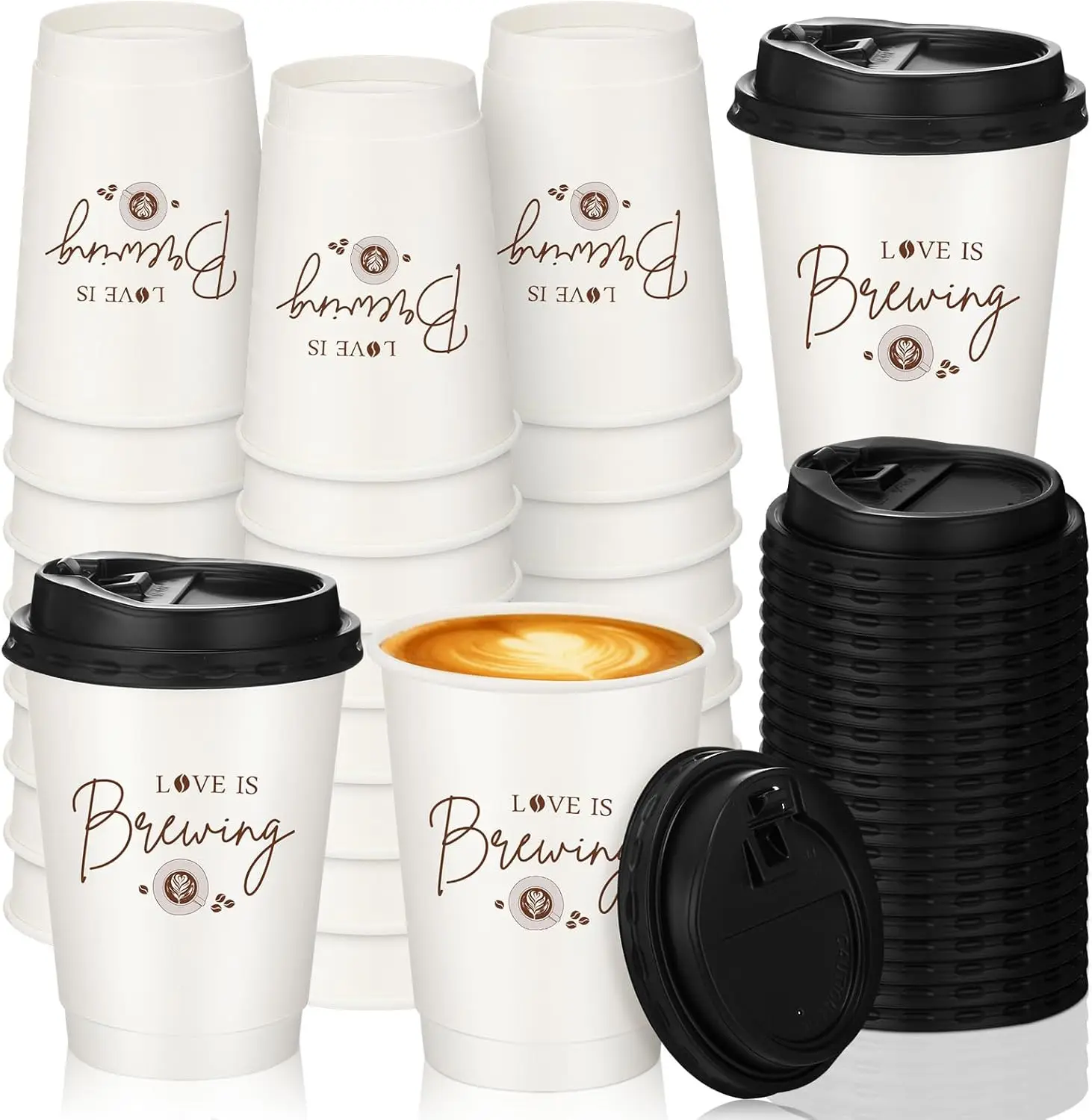 

50 Pack Wedding Coffee Cups Love Is Brewing Bridal Shower Cups with Strawless Sip Lids 12 oz Wedding Paper Drinking Cup