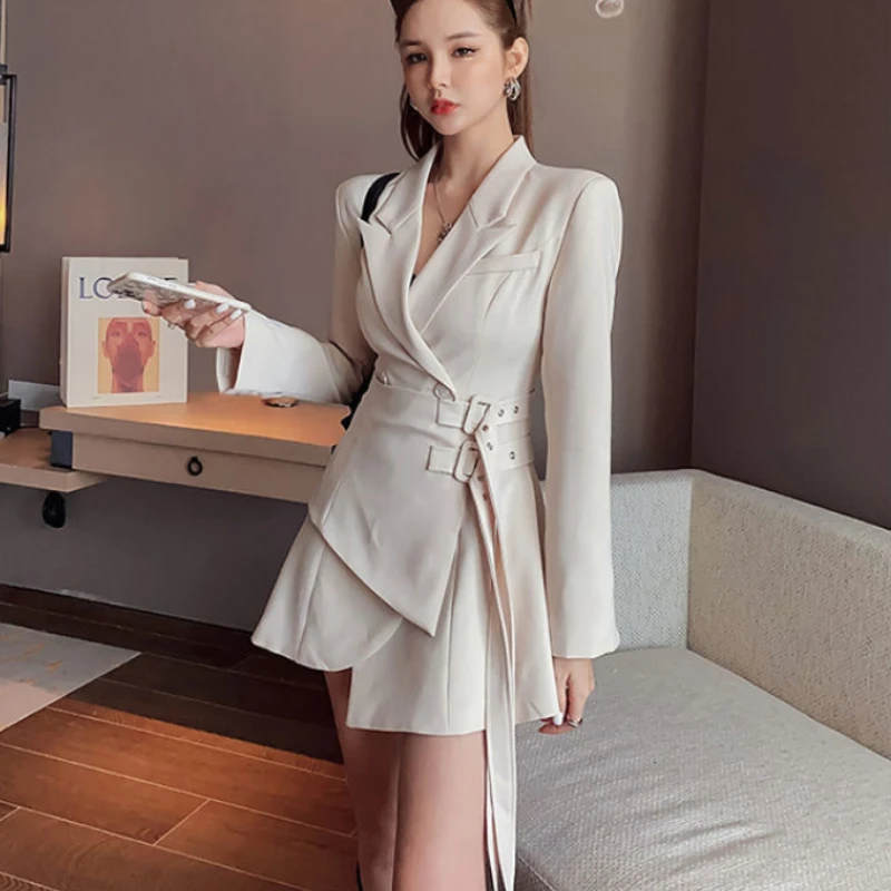 Korean Edition Black Mini Party Suit Dress Women\'s One Piece Office Elegant Dress Fashion Belt Design Long Sleeve Dress