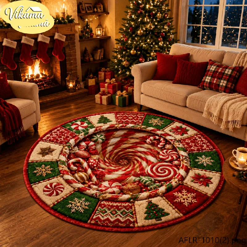 VIKAMA 3D Sky Lantern Round Rug Flannel Non Slip Circular Carpet Snowman Flying Light Gift Pattern Living Room Floor Mat Xmas