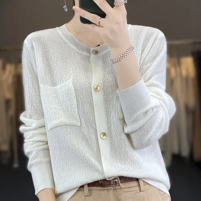 2024 الربيع والخريف جديد الصوفى سترة المرأة الصوف الخالص Crewneck سترة محبوك معطف