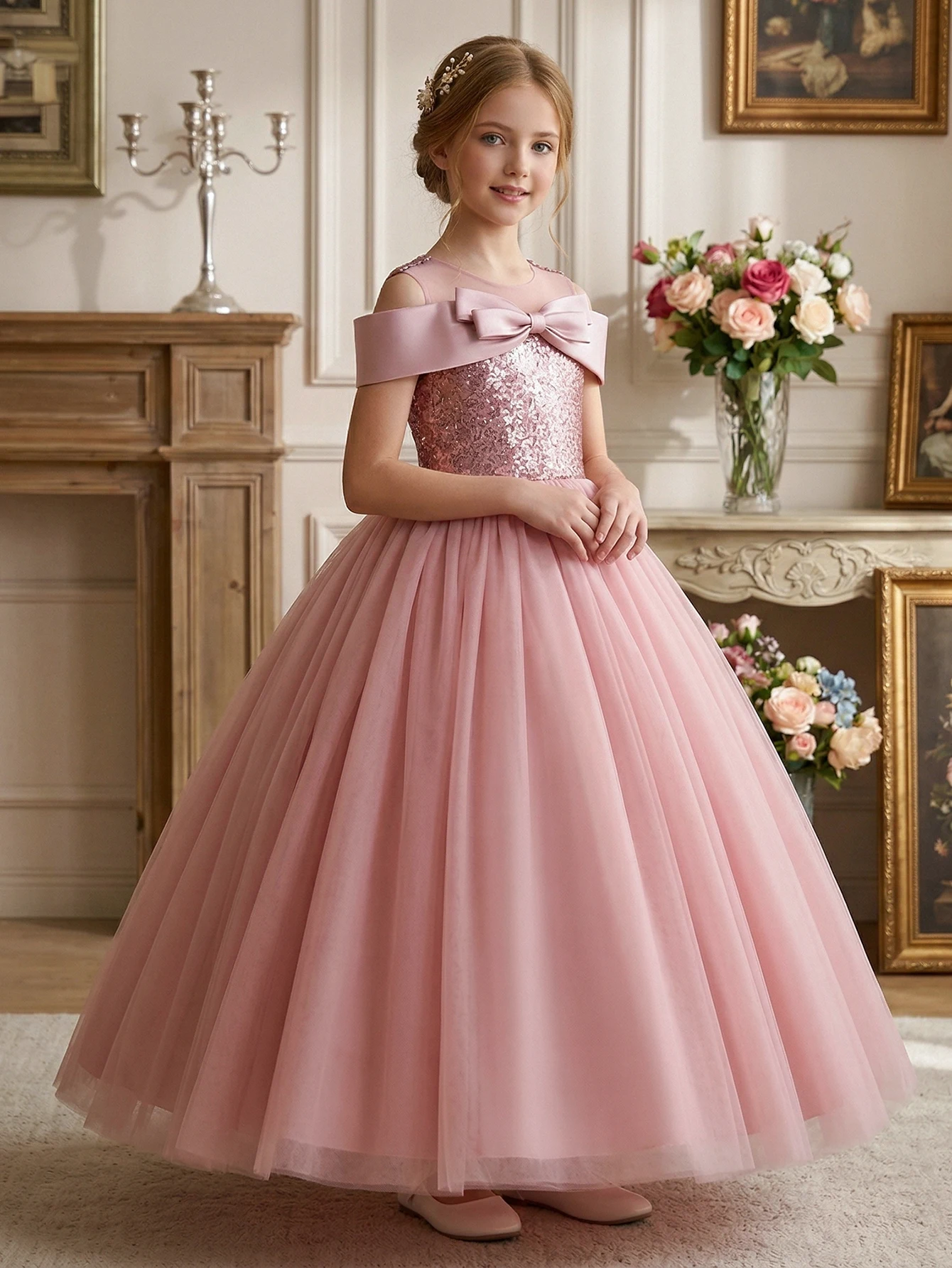 Teen Girl Elegant Young Lady Pink Party Dress with Sequins Mesh Netting, Decorated with Bowknots,One-Shoulder Long Dress,Wedding