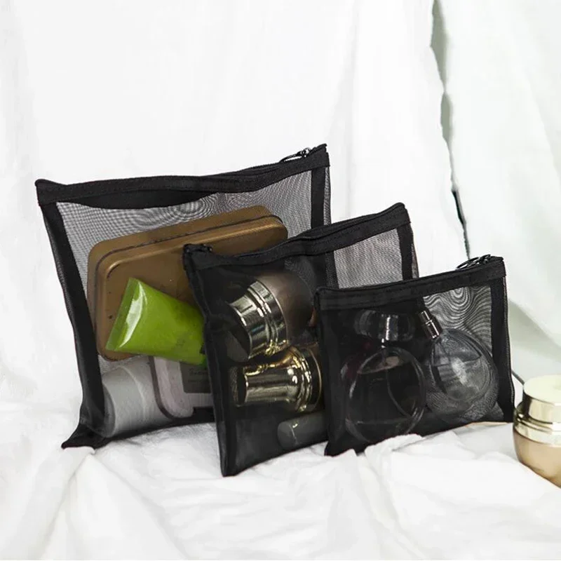 Grand Sac à Cosmétiques Transparent en Maille avec Fermeture Éclair pour Femme, Trousse de Toilette Noire, Trousse de Maquillage, 1 Pièce