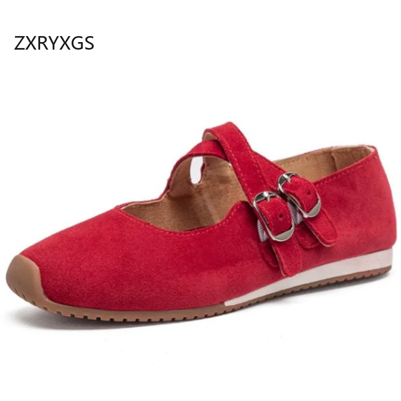 

Женские туфли ZXRYXGS 2026: модные, в ретро-стиле, из натуральной замши, с низким вырезом, заостренным носком, перекрестными ремешками и пряжкой, мягкие, нескользящие