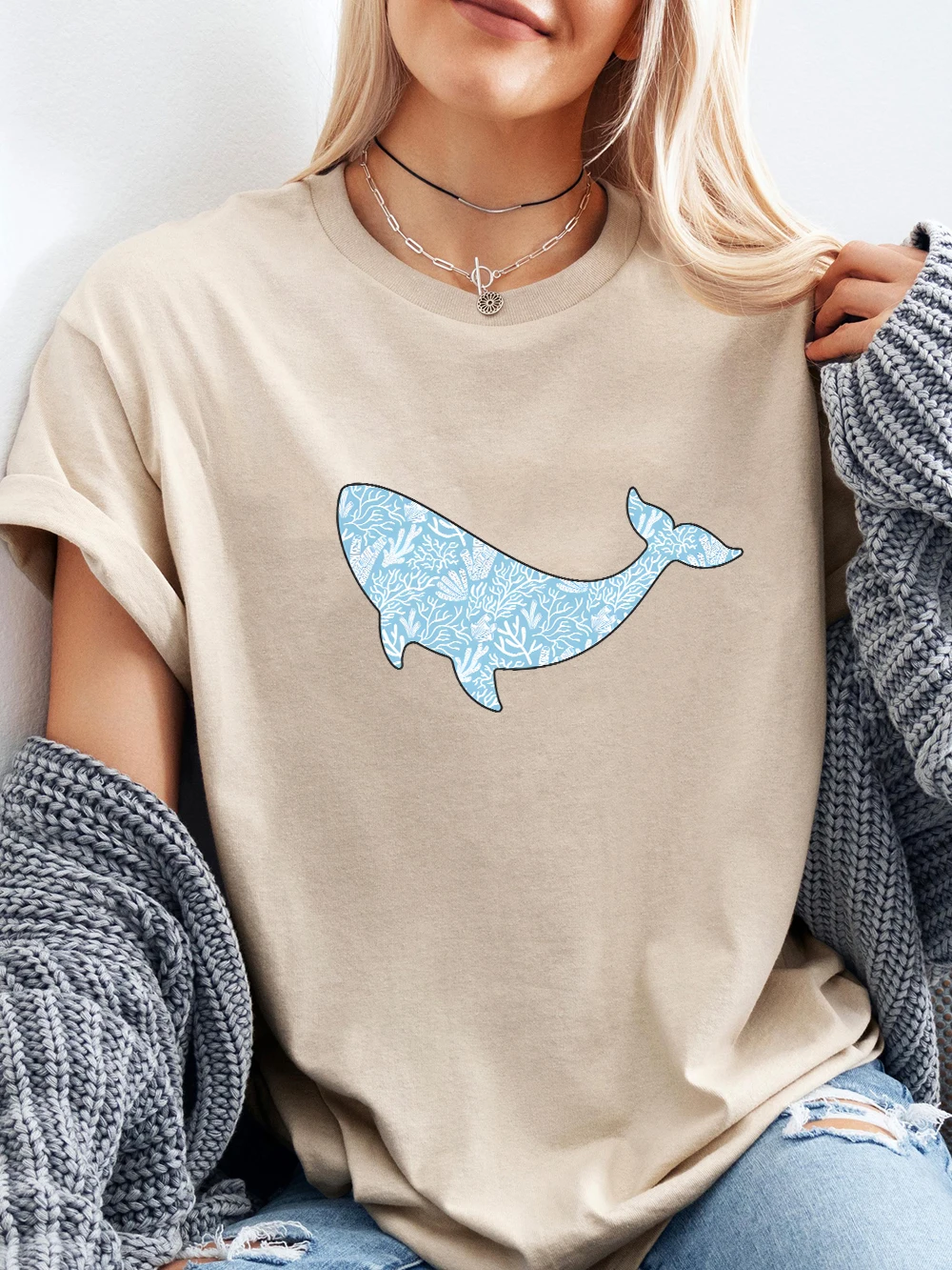 

Whale Marine Coral Printed T-Shirts Womens Summer Cotton Short Sleeve Tees O-Neck Comfortable Loose Tops Casual Womans Clothes