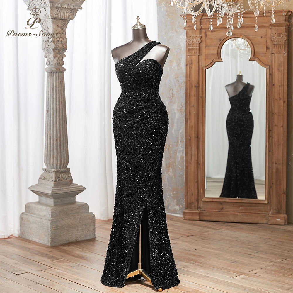 Glamorous One-Shoulder Sequin Evening Dress Elegant Black High Slit Design Perfect or Parties formal occasion vestidos de fiesta