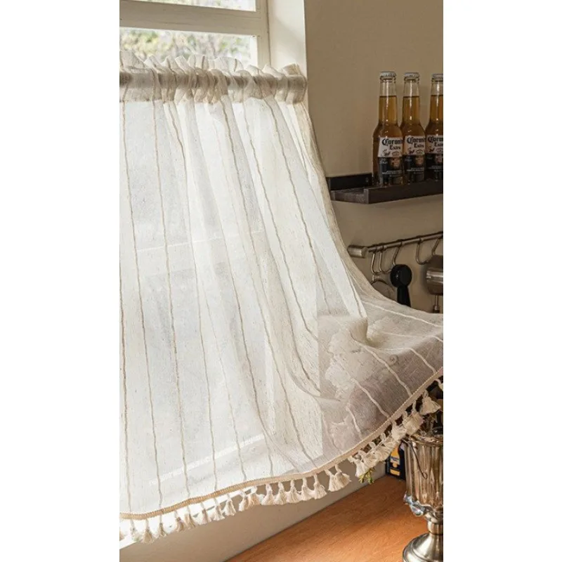 New American Vertical Striped Linen Cabinet Cover Curtain, Kitchen Coffee Short Curtain, Door Curtain