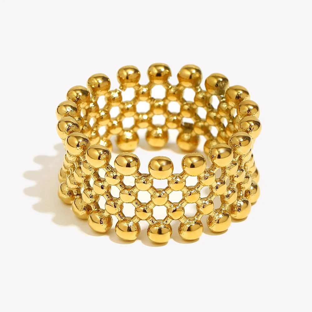 Small Ball Mesh Faced Cross Arranged Ring Water Resistant 18K Gold Plated Decoration 316L Stainless Steel Jewelry