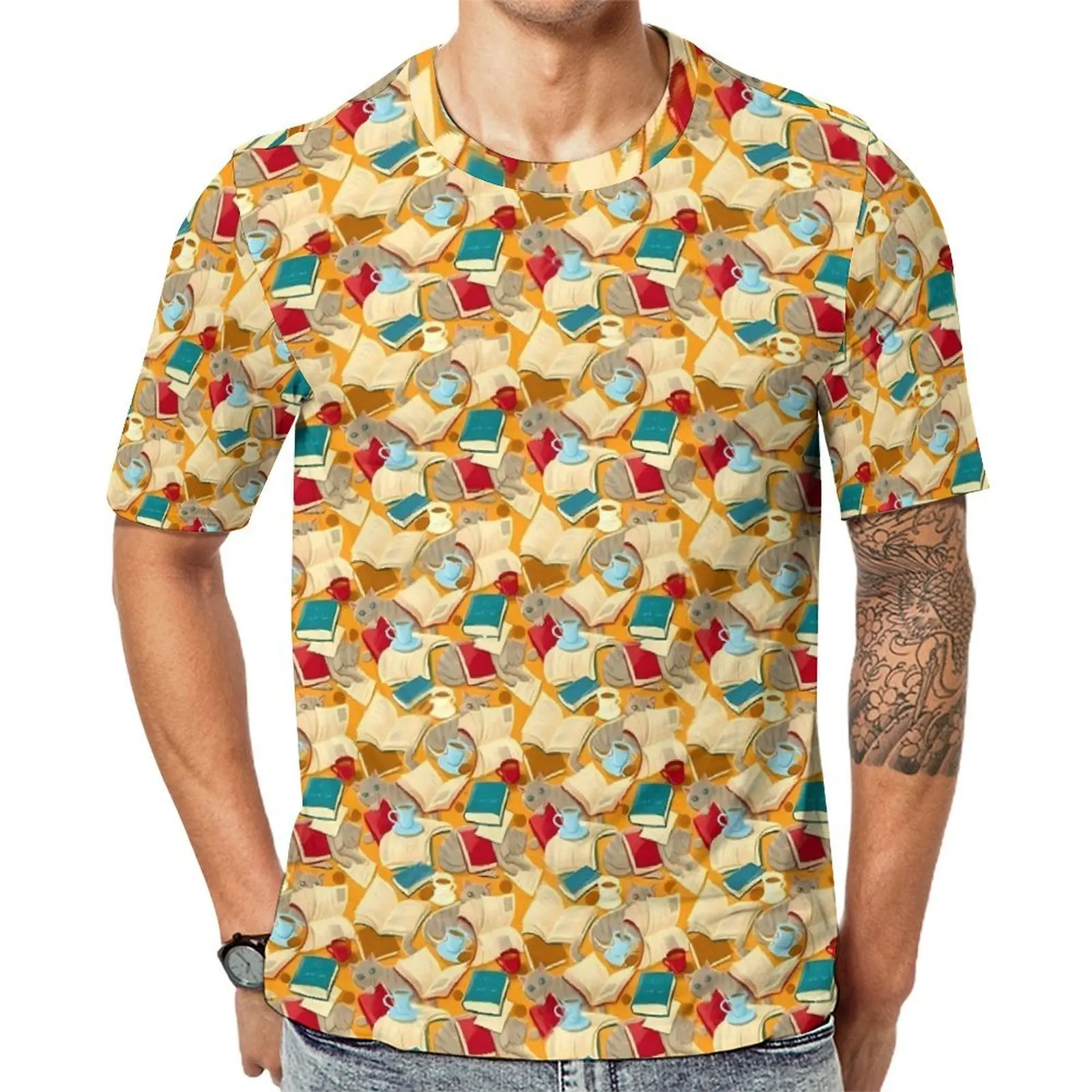 Library Cats T-Shirt Books and Kitty Hippie T Shirts Male Casual Tshirt Summer Short-Sleeve Graphic Tees Big Size 5XL 6XL