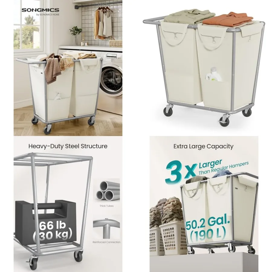 

Laundry Basket with Wheels, 2-Section Laundry Sorter, 50.2 Gaons 1 Roing Hamper with Removabe Bags, Heavy-Duty Steel Frame, URL