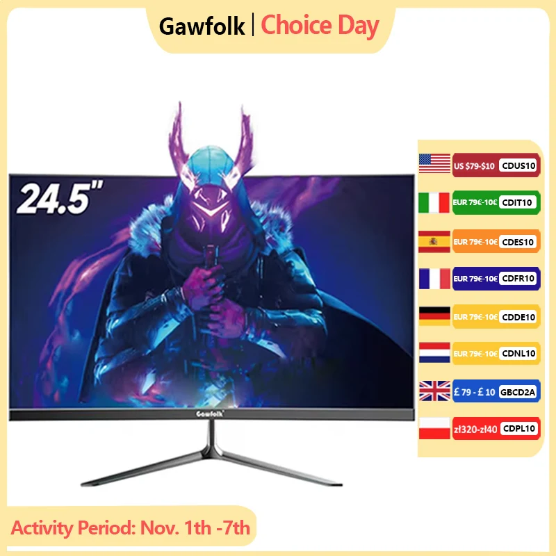 Gawfolk Gaming Monitor 24.5 Zoll Curved 180Hz, PC Bildschirm Full HD 1080P, 2800R Rahmenloses Gebogener Computerbildschirm mit