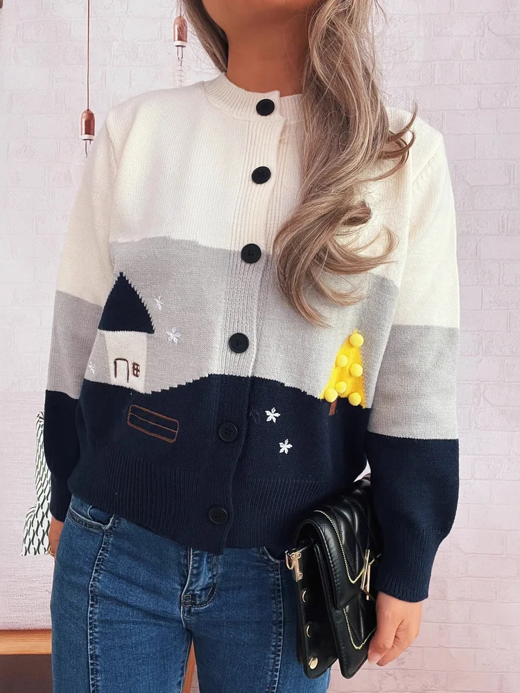 

Autumn Winter Preppy Style Sweet Knitted Cardigan Women Fashion Color-block Cartoon Cute Sweaters Jackets