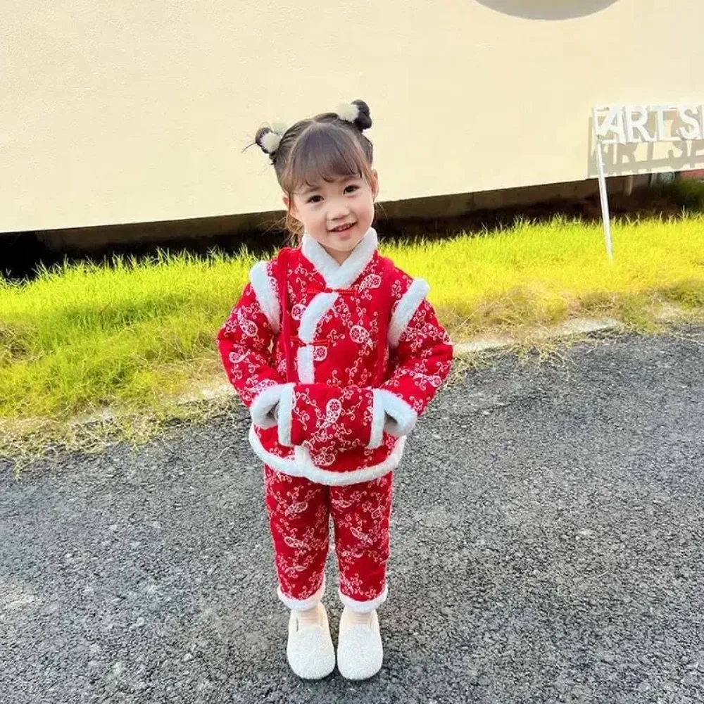 Warm Baby Boy Set Coat Pants Traditional Chinese Costume Cute Children Flower Outfit Thicken Girl Suit Kids New Year Clothing