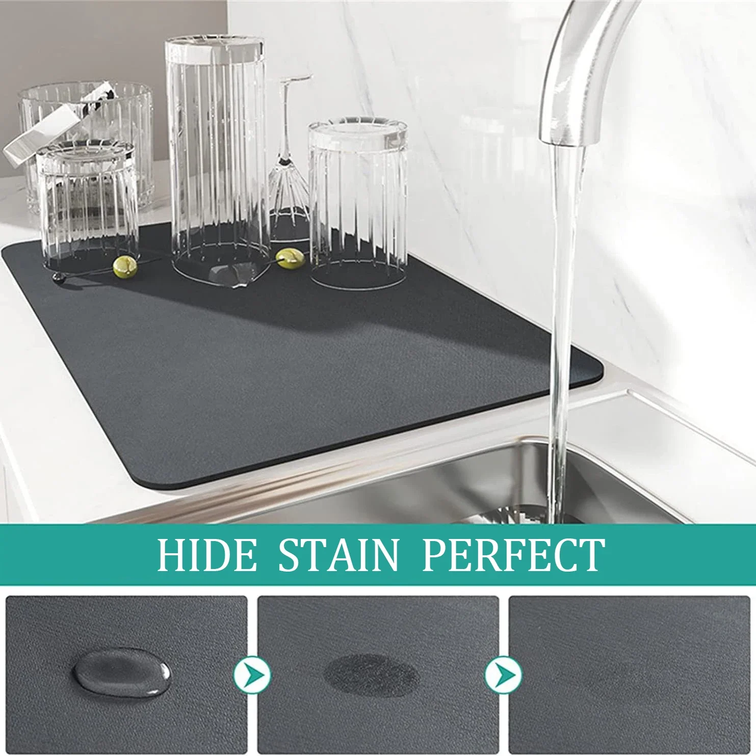 Dish Drying Mat Super Absorbent Hide Stain Rubber Backed Kitchen Countertop Dinnerware Tableware Under Coffee Bar Pot Cup Mat