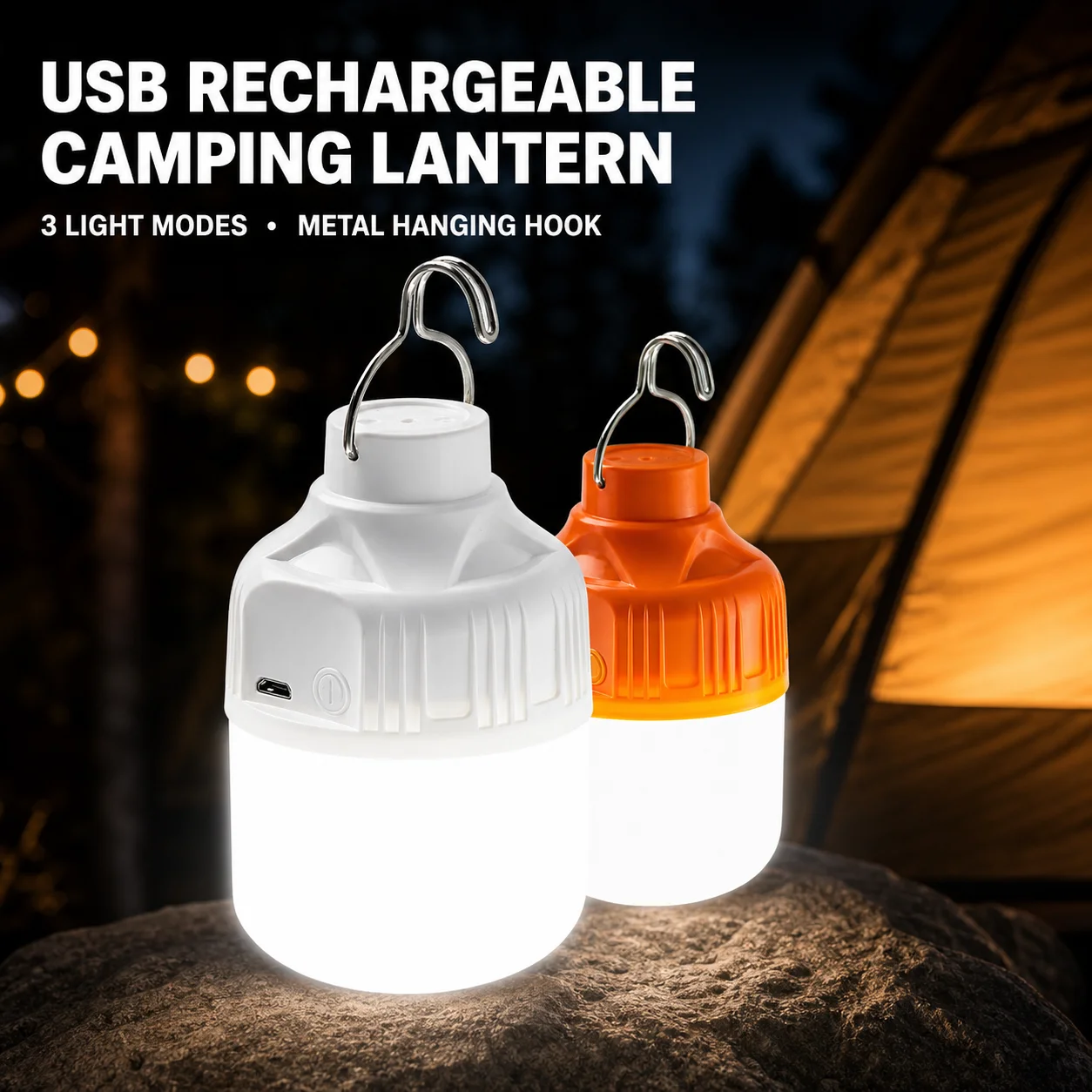 USB Rechargeable LED Camping Lantern with Metal Hook, 3 Light Modes Portable Tent Lamp for Hiking Fishing Travel Emergency