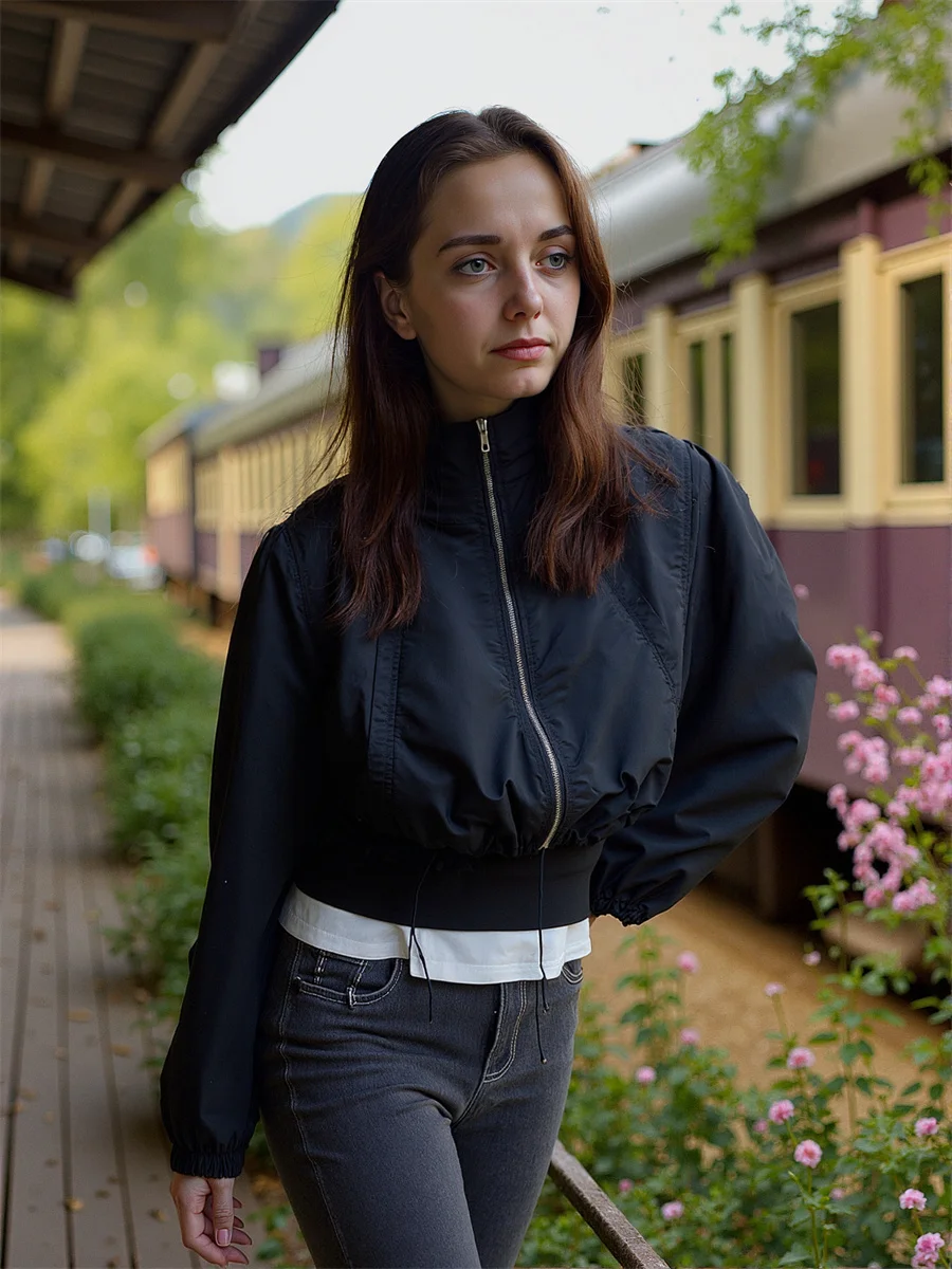 سترات مقصوصة ذات ثنيات وسحاب مزدوجة الجوانب سترة للموسم الجديد للنساء للربيع بقلنسوة واسعة للحفلات أنيقة ومخططة غير لامعة