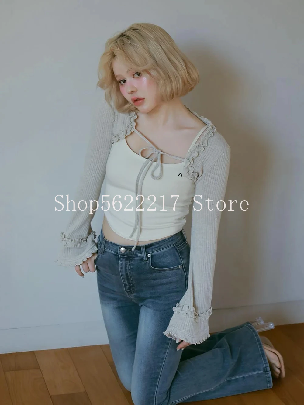 

Japanese Wind 2025 New Spring Summer Elegant Ruffles Flare Long Sleeve Cardigans Coat Hot Chick High Waist Crop Tanks Top Sets