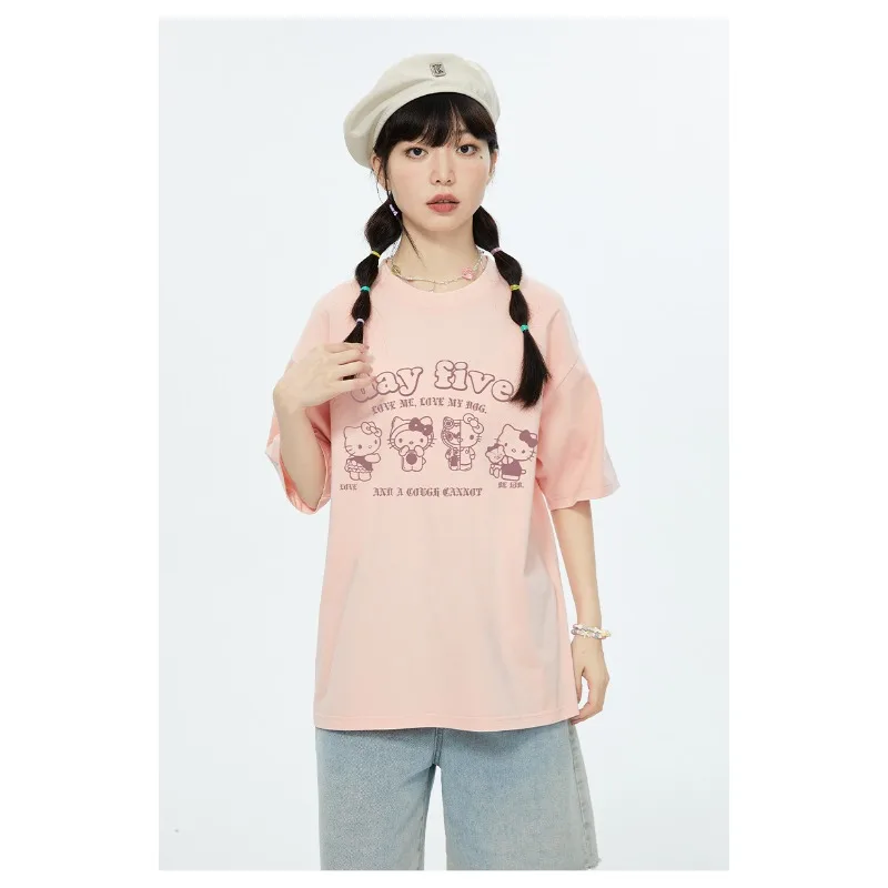 

New Cute HelloKitty Cat 3D Printed Short Sleeve Summer Casual Versatile Loose Breathable Quick Drying Top Trendy