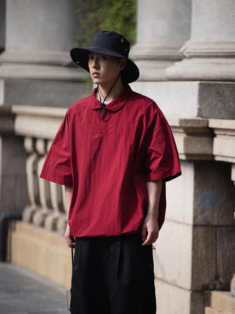 

Noears Retro Red Collar ort Sve T-irt Men's Summer Outdoor Waterproof Loose Top Japanese Sle y High Street