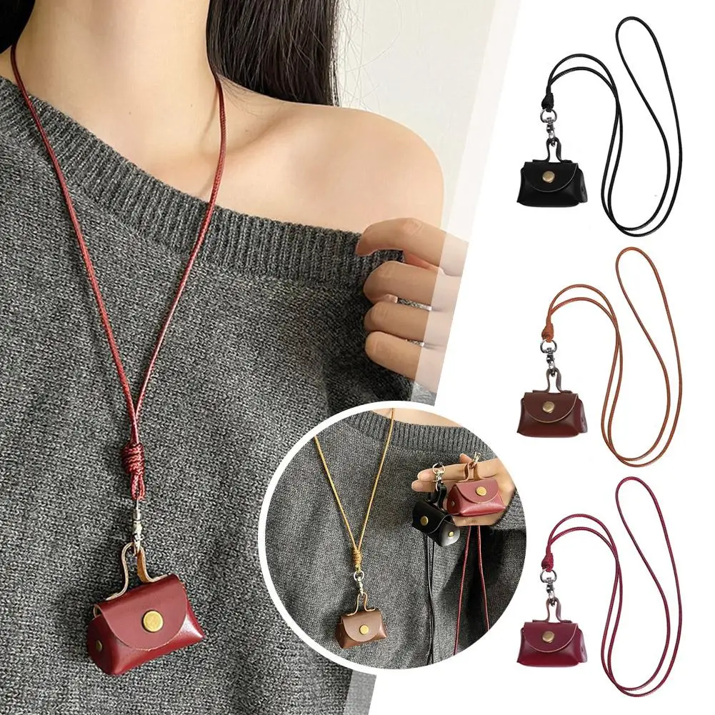 Small Bag Necklace Vintage Leather Change Bag Necklaces Chain Long Headphones Storage Crossbody Sweater Women's Small V0H0