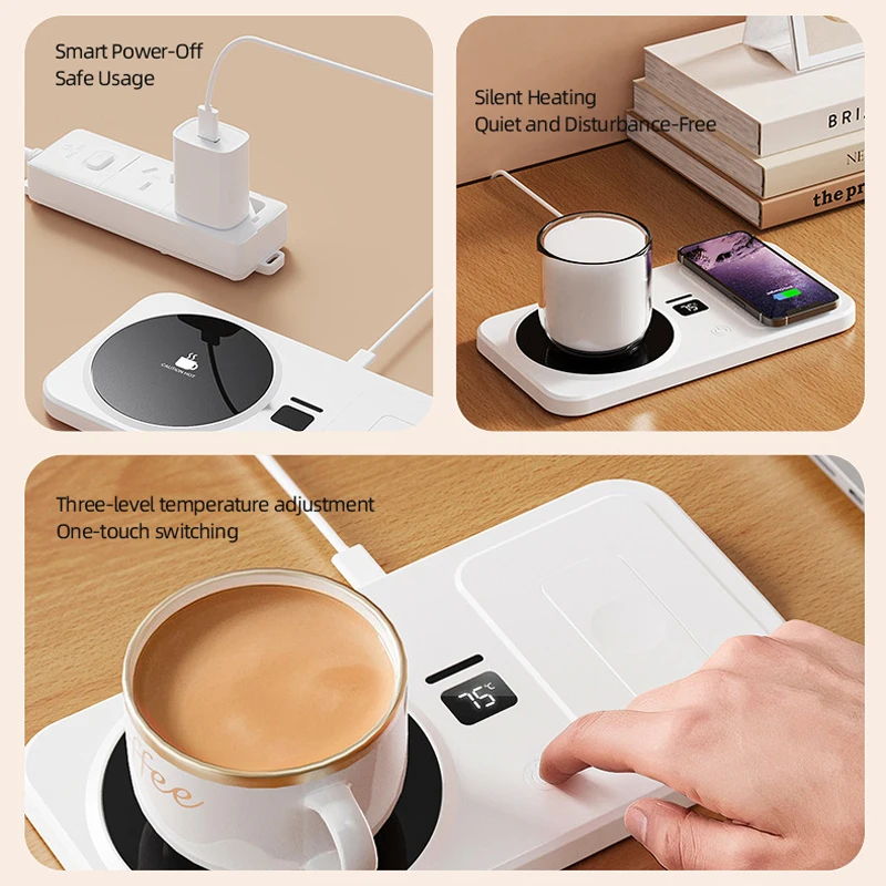 2 in 1 커피 머그 워머 무선 충전기 다기능 컵 히팅 패드 3단계 온도 조절 워머 코스터 밀크티 물