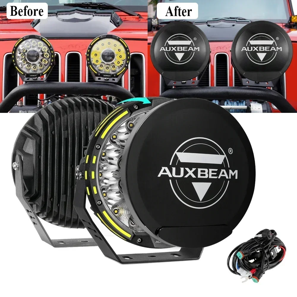 AUXBEAM 7/9 inch Round LED Driving Light Work Light Projector with Wiring Harness PC Protection Shell Super Bright & Road-Legal