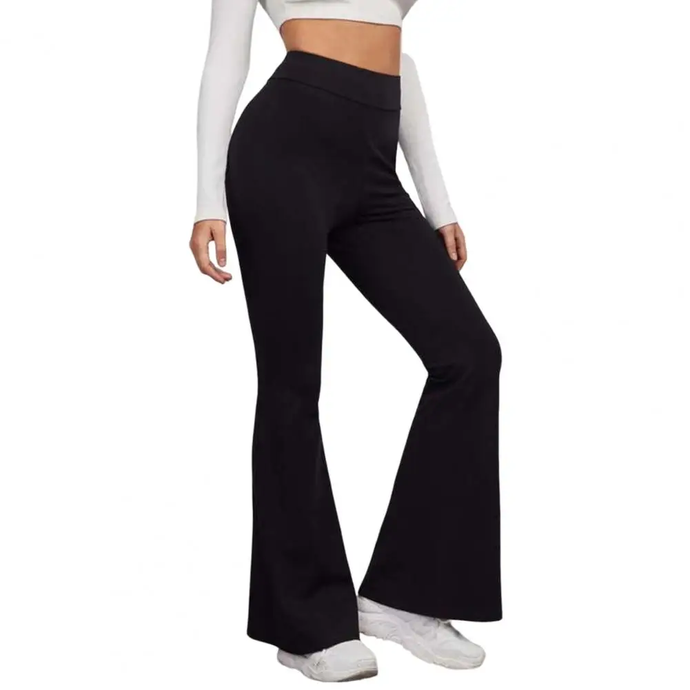 Classic Lady Trousers High-Waist Elastic Waistband Control Tummy Lady Trousers Women Solid Color Sports Flared Pants Streetwear