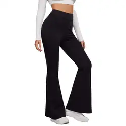 Classic Lady Trousers High-Waist Elastic Waistband Control Tummy Lady Trousers Women Solid Color Sports Flared Pants Streetwear