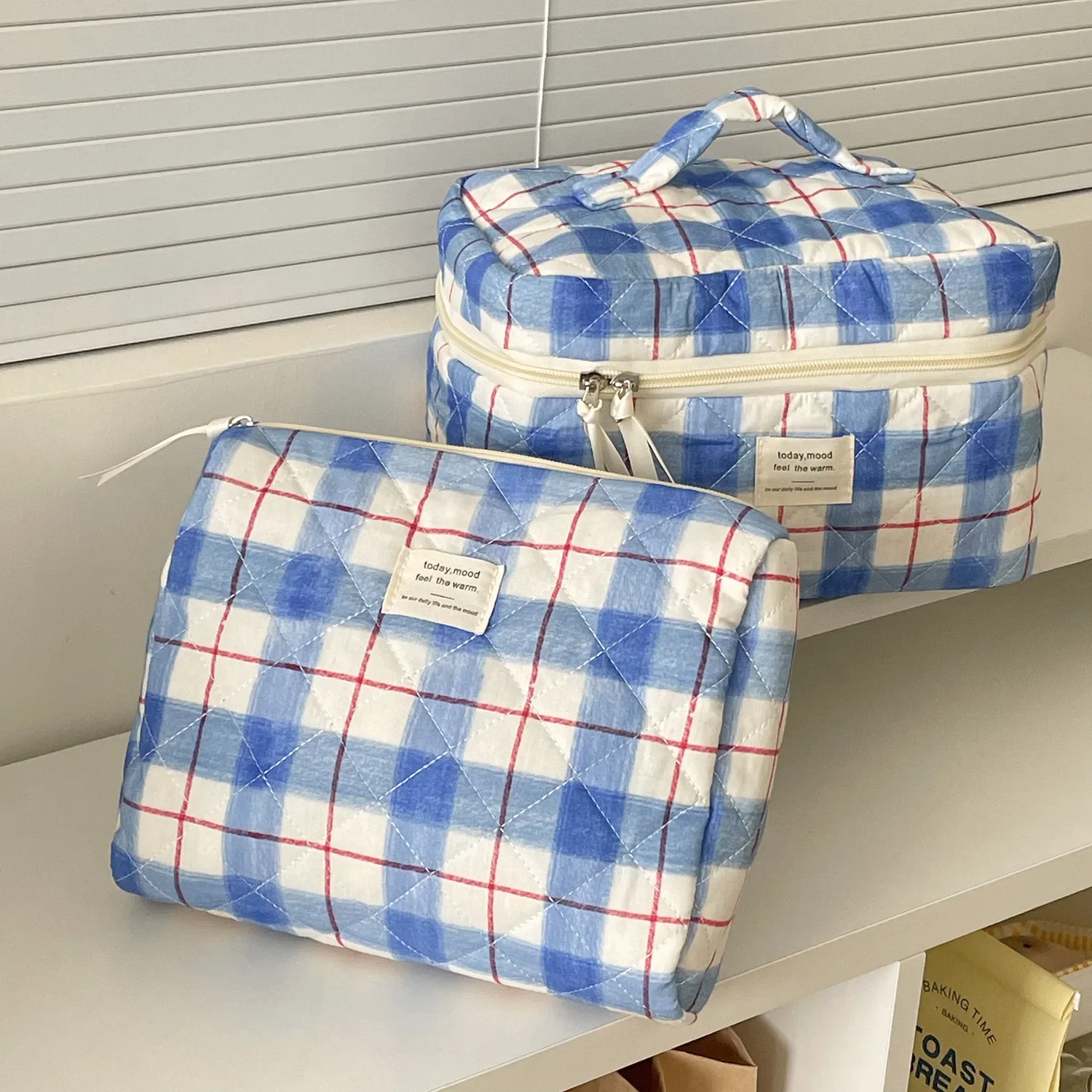 Vintage Plaid Contrast Color Women's Cosmetic Bags Travel Portable Ladies Makeup Case Cotton Quilted Female Storage Handbags