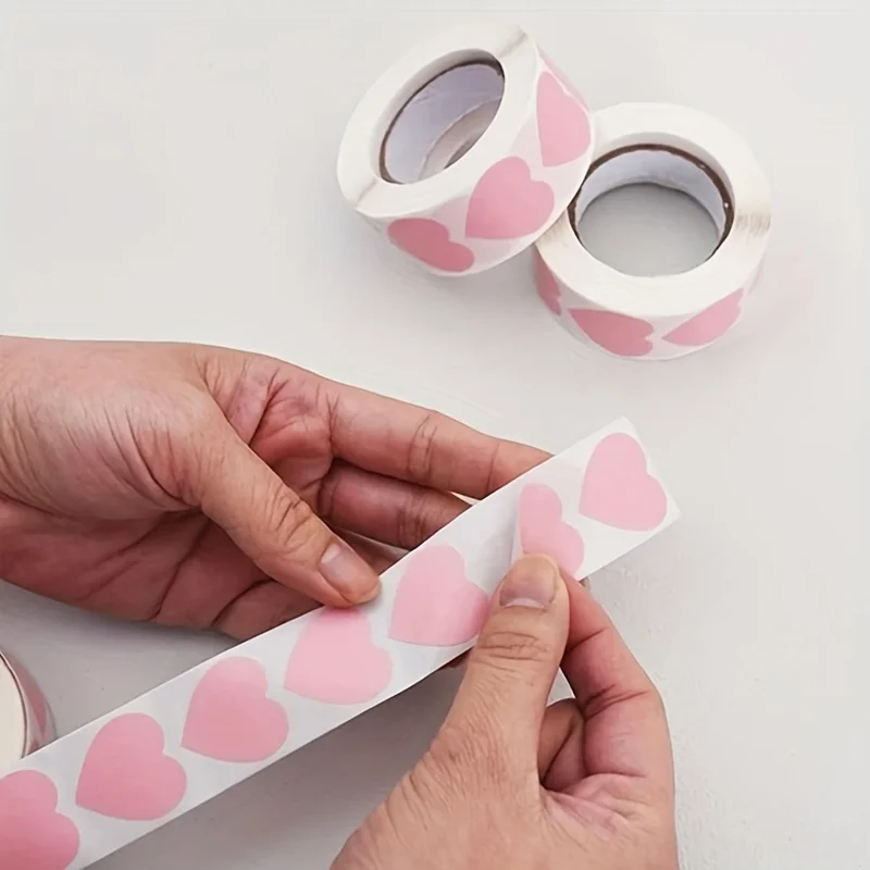 500 قطعة/لفة ملصقات وردية اللون - ملصقات على شكل قلب ذاتية اللصق - تصميم قلب وردي - لتزيين هدايا الزفاف #6