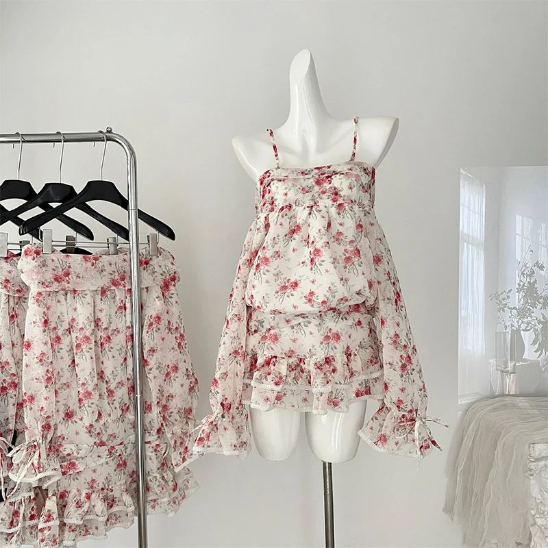 

Женское винтажное платье с рюшами, короткая юбка с цветочным принтом, Y2k