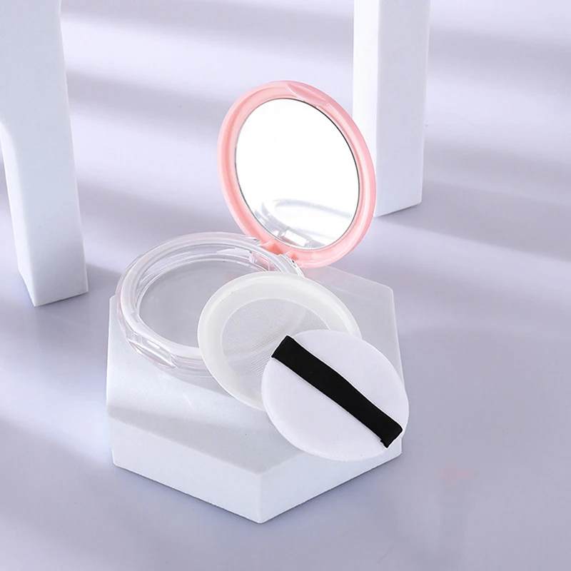 1pc Portable Ultra-thin Plastic Powder Box Loose Pot Travel Makeup Jar Sifter Container with Powder Puff Mirror