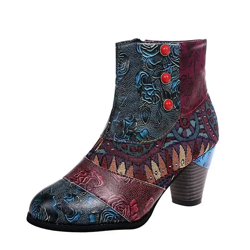 Vintage Splicing Printed Ankle Boots for Women Shoes Female PU Leather Retro Block High Heels Bohemian Ladies Winter Short Boots