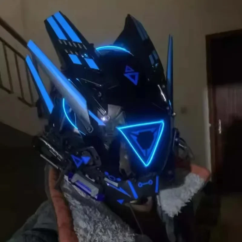 Cyber Punk Mask Halloween Party Cosplay Costumes Mech Soldier Warrior Mask With Triangle Led Light Carnival Photography Props