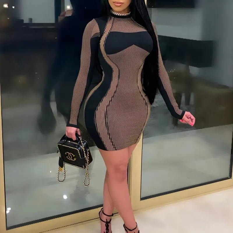 2022 Fashion Long-sleeved Tight-fitting Stretch Mini Color-blocking Striped Short-sleeved Hip Dress Sexy Striped Bodycon Dress