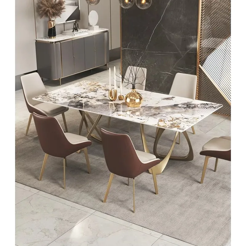 High-End Contemporary Dining Table Set Shiny Rock Slab Extension with 6 Chairs Luxury Modern Home Furniture