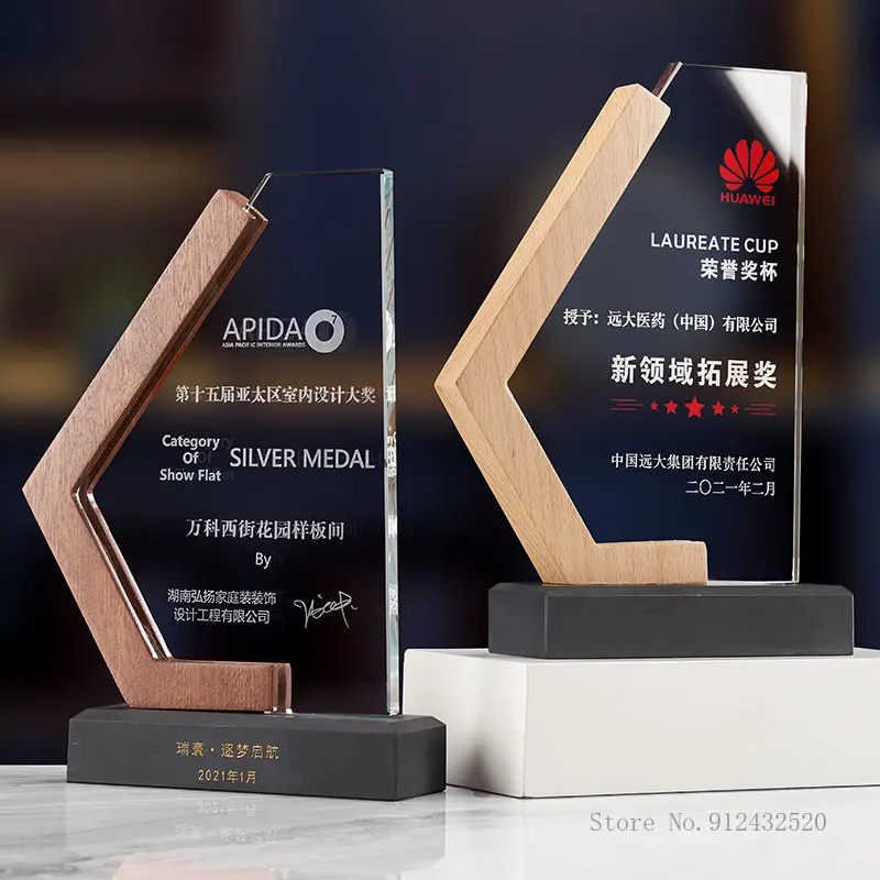 Solid Wood Base Crystal Trophy, Customized Authorization Plate, Annual Meeting Honors, Outstanding Staff Award, Medals, High Gra