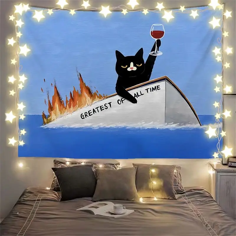 VIKAMA Funny Black Cat Tapestry Sinking Burning Boat Wine Cartoon Print Wall Hanging Aesthetic Bedroom Living Room Decor