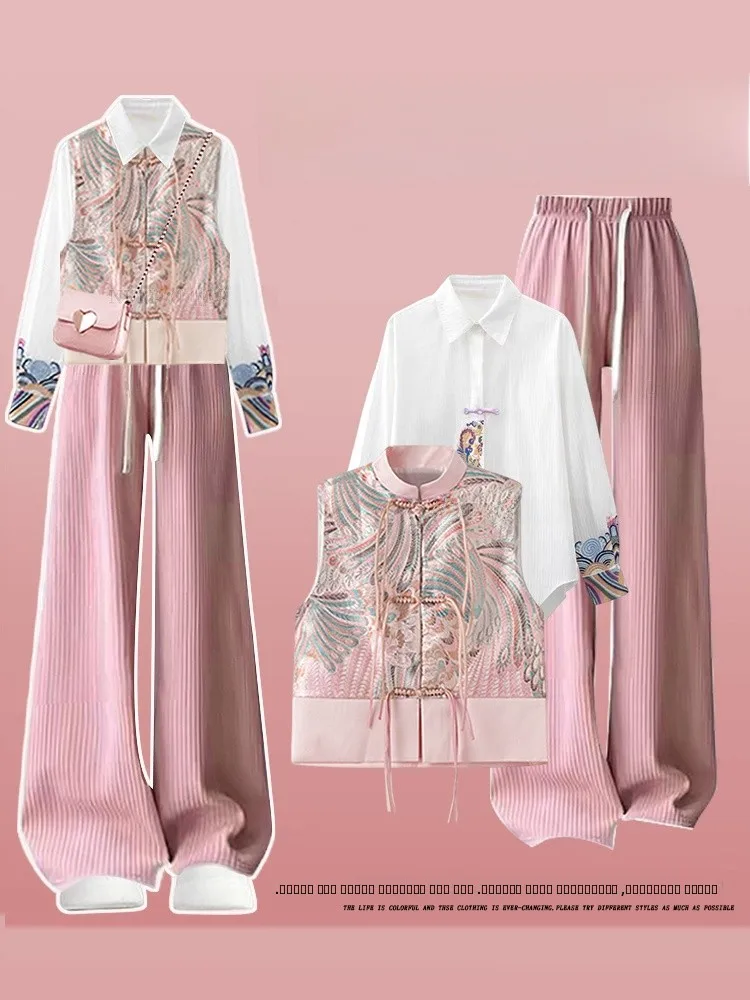 

Новый женский комплект футболок в китайском стиле, повседневные прямые брюки, топ на бретелях с v-образным вырезом, длинный свеч, весна-осень, большие размеры