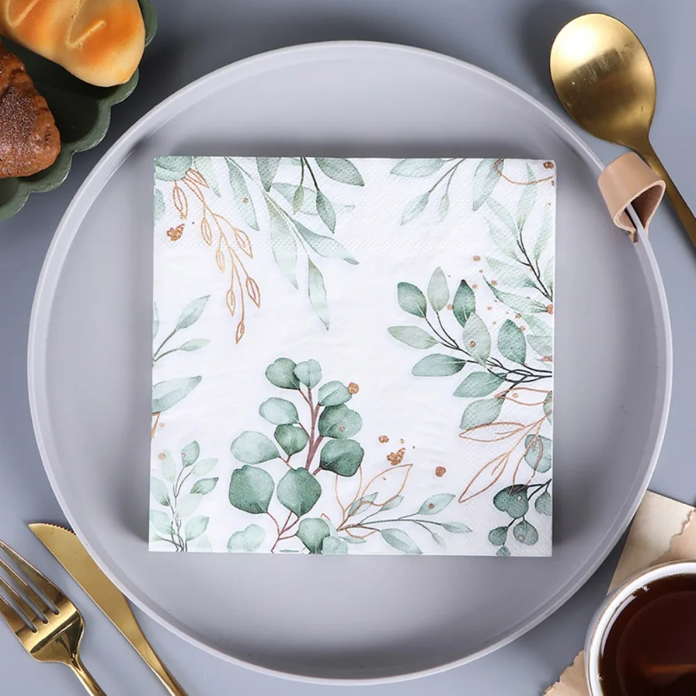 20pcs Green Plant Printed Napkins Papers Mouth Wiping Cloth Paper Towels Party Celebrations Table Plate Placement Napkin Towels