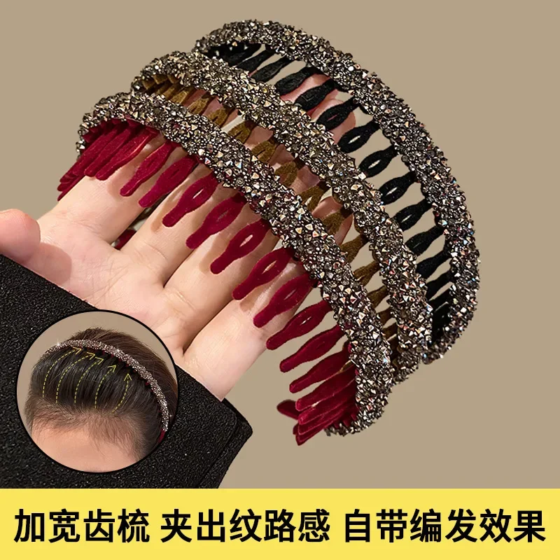 Japanese and Korean Acrylic Velvet Rhinestone Women's Sweet Headband Girl's Fashionable New Pressing Method Fixed Hair Accessori