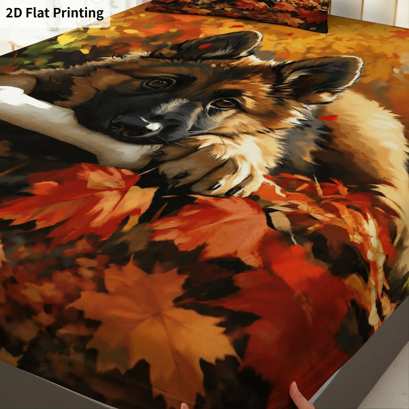 2D Flat Priting, Mattress Protector, Mattress Cover, Elastic Fitted Sheet Cover King/Twin/Queen Size 2D Flat Print 3-Piece Set Autumn Leaves German Shepherd Dog Bedding Set (1 Fitted Sheet and 2 Pillowcases, No Core), Thanksgiving Theme, Autumn Leaves Dog Bedding, Mattress Protector Soft and Breathable
